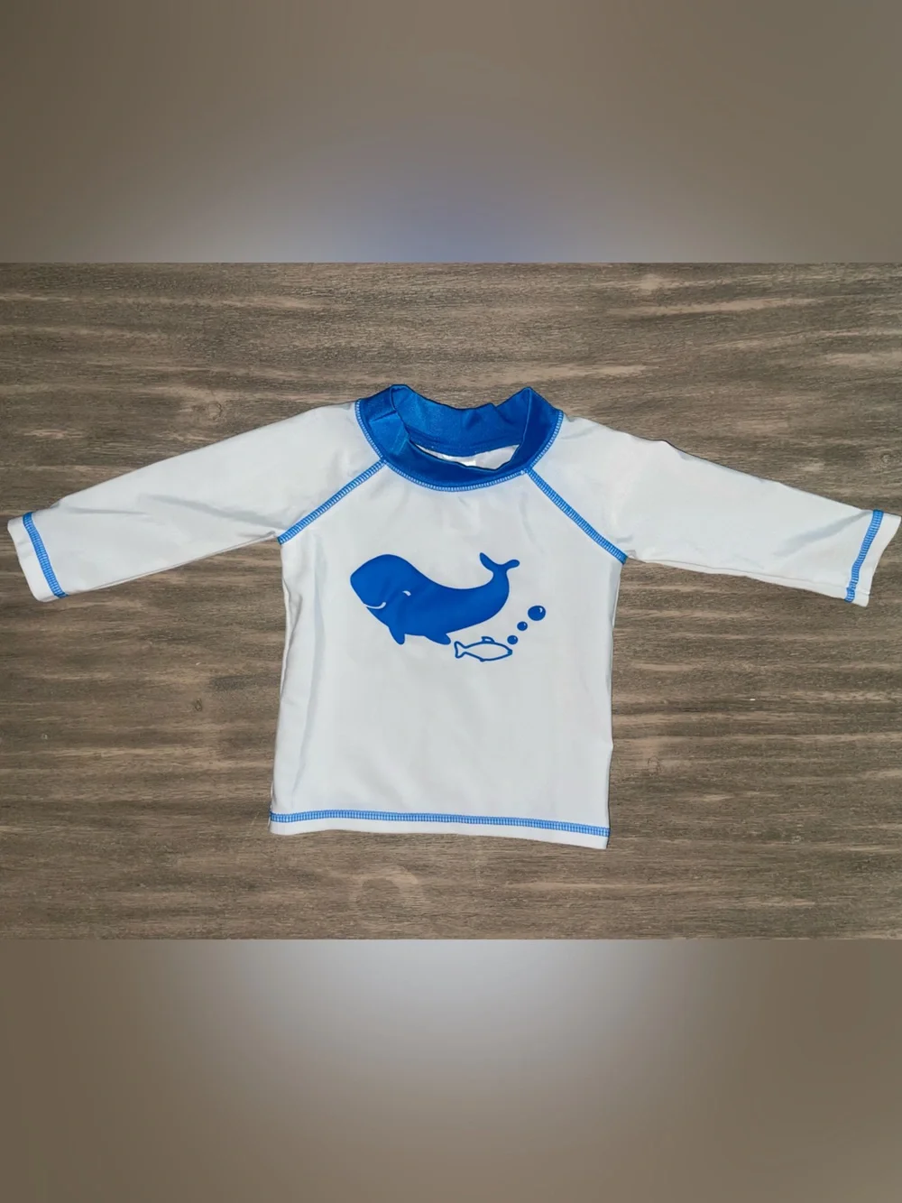 Children's White Rash Guard with Blue Whale Graphic